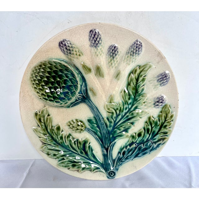 French Country Antique Late 1800s Luneville Barbotine Majolica Asparagus and Artichoke Plate For Sale - Image 3 of 13