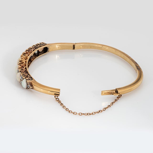 Antique Victorian Opal Diamond Bangle Bracelet 14k Yellow Gold Fine Jewelry For Sale - Image 4 of 8