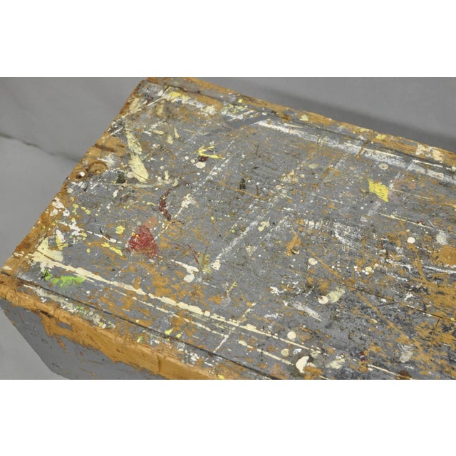 Early 20th Century Antique French Country Primitive Gray Painted Paint Splattered Work Bench Stool For Sale - Image 9 of 11