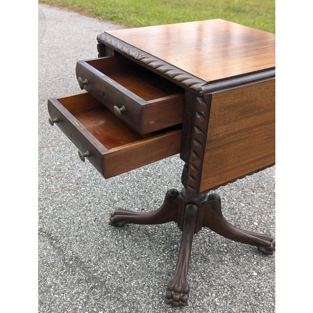 Early 20th Century Antique Empire Sewing Work Table by Hersee Furniture Flame Mahogany Drop Leaf For Sale - Image 5 of 13