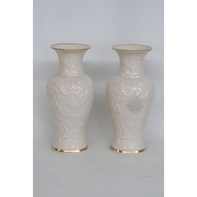 Lenox Ming Blossom Vase Pair of 2 Embossed Ivory Porcelain With Gold Trim 4930b For Sale - Image 16 of 17