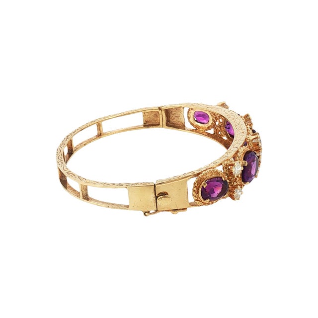 Victorian Mid-Century 13k Yellow Gold Amethyst and Diamond Hinged Bracelet For Sale - Image 3 of 4