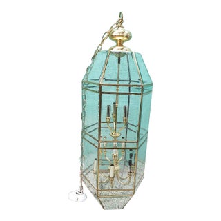 Glass Geometric Cage Chandelier With Golden Metal Frame For Sale