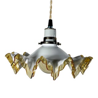 White and Amber Pendant Light With Antique French Handkerchief Glass Featuring Deep Frilled Edge For Sale