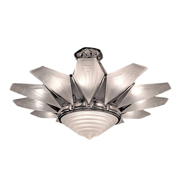 Mid 20th Century Art Deco Starburst 12 Panel Frosted Art Glass and Nickel Chandelier For Sale