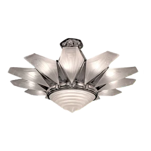Mid 20th Century Art Deco Starburst 12 Panel Frosted Art Glass and Nickel Chandelier