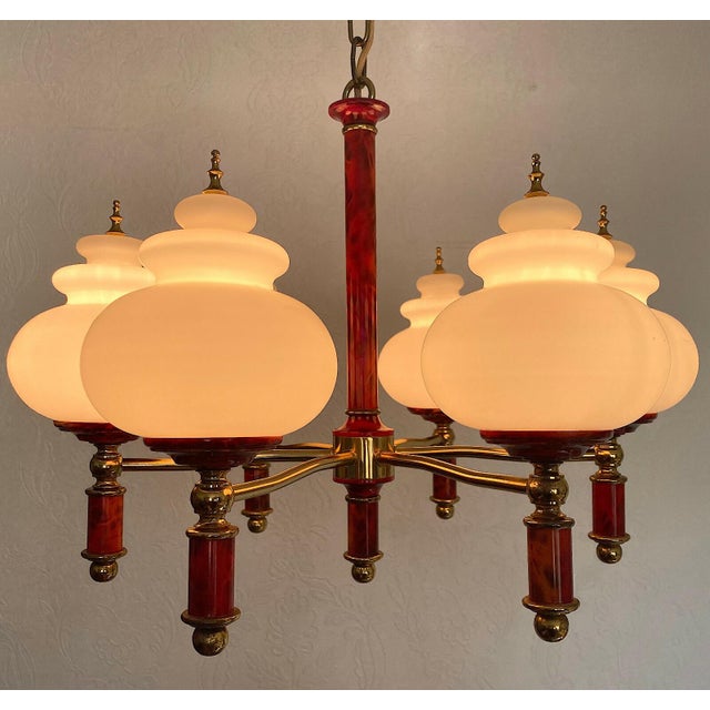 Brass Glass Ball Six Light Chandelier, 1950s For Sale - Image 9 of 10