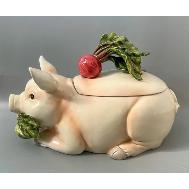 Farmhouse 20th C. Fitz and Floyd “French Market” Pig Tureen With Asparagus Ladle – Whimsical / French Country For Sale - Image 3 of 12
