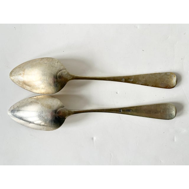 Pair of Early 19th Century Coin/900 Silver Spoons - Monogram "R" - Large Tablespoons or Small Serving Spoons For Sale - Image 4 of 6