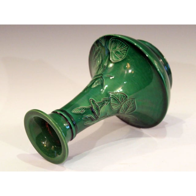 Arts & Crafts Antique Awaji Pottery Japanese Green Monochrome Bottle Vase Incised Bell Flowers For Sale - Image 3 of 11