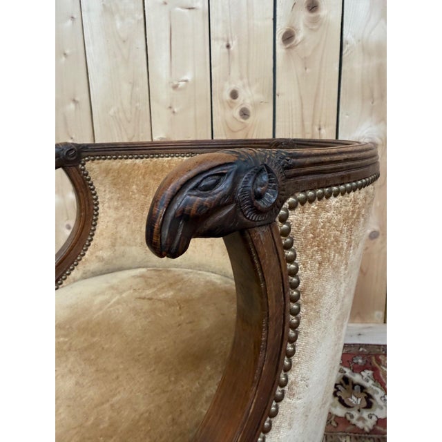Louis XVI Style Barrel-Shaped Wood, Velvet, Brass Desk Chair with Ram's Heads, 1890s For Sale - Image 3 of 8