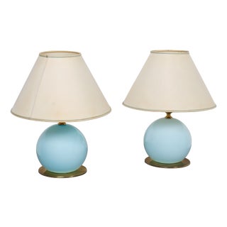 Mid-Century Italian Blue Glass and Brass Table Lamps, 1950s, Set of 2 For Sale