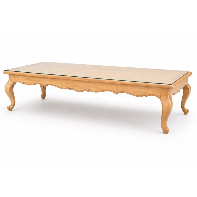 Mid 20th Century Extra Large French Provincial Solid Wood Coffee Table — 76” Blonde Wood Cocktail Table With Cabriole Legs For Sale - Image 10 of 12