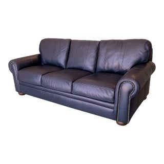 Late 20th Century Bradington-Young Navy Leather Rolled Arm Sofa With Nailhead Trim For Sale