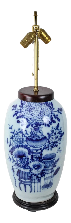 Vintage 19th Century Chinese Celadon Blue and White Porcelain Table Lamp