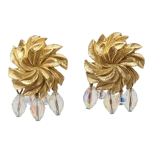 Vintage 1960s Signed Napier Book Piece Goldtone Flower Aurora Borealis Drops Clip Earrings- 2 Pieces