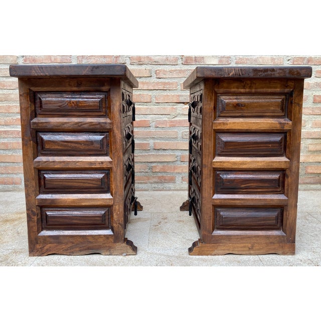 Pair of 20th century Spanish bedside tables with four drawers and fittings. Beautiful tables that can be used as bedside...