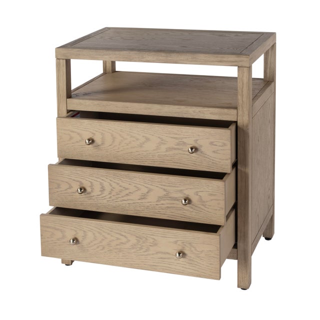Transitional Nora 27 in. W Rectangular Wood 3 Drawer Tall Nightstand with Open Shelf on Top, Light Oak For Sale - Image 3 of 10