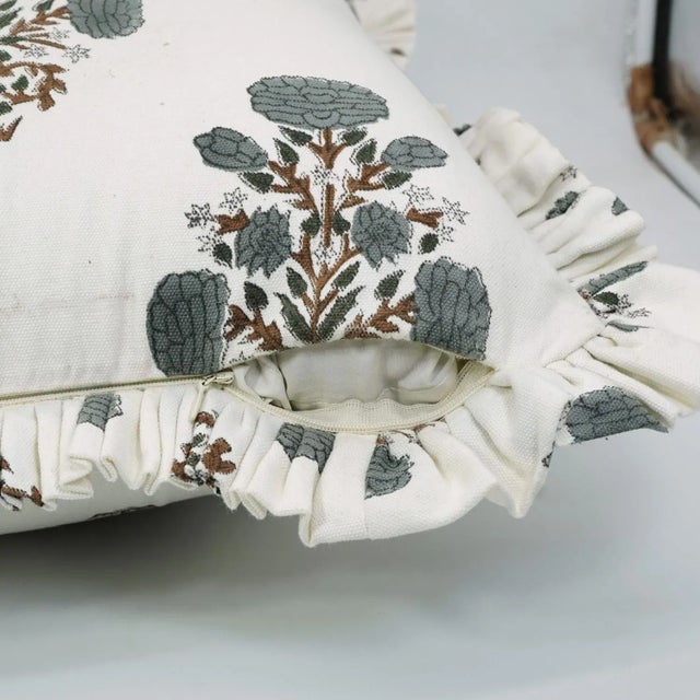 Fabdivine Handmade Block Printed Frill Cushion Cover Gray 14x14 Inch Thick Cotton White- Swadesh For Sale - Image 4 of 5