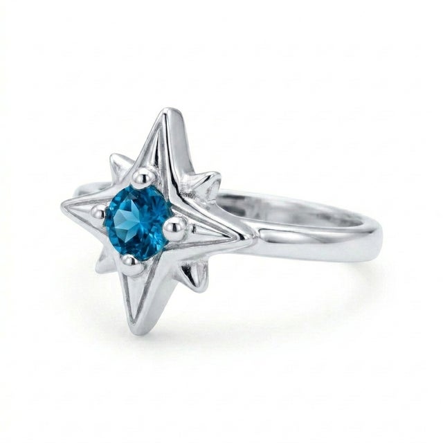 Contemporary Swiss Blue Topaz Compass Ring, Celestial Star Style Shape Ring Us 7 For Sale - Image 3 of 4