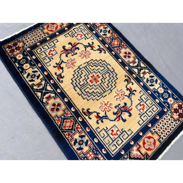 Vintage Chinese Hand-Knotted Wool Rug Art Deco Medallion Design in Navy and Cream Rug For Sale - Image 4 of 10