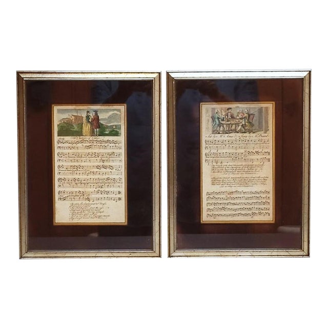 Pair of Late 18th Century English Hand-Tinted Engraved Music Sheets, “The Charms of Celia” & “The Beer-Drinking Briton,” C. 1780 For Sale