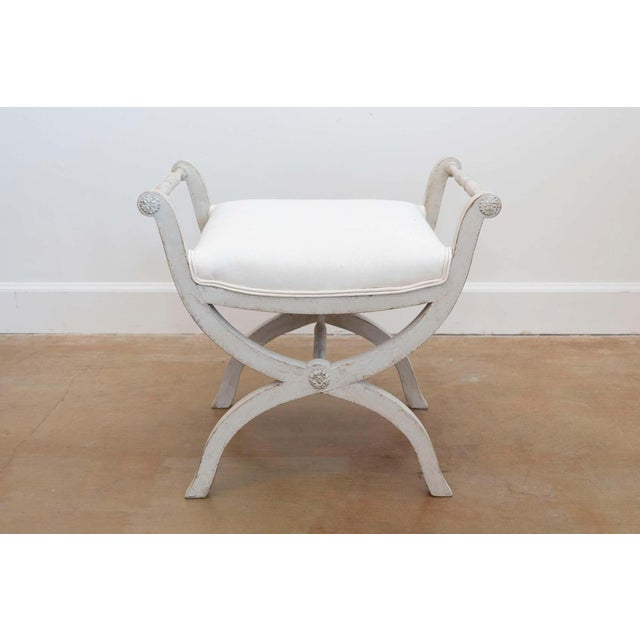 Traditional Swedish 1830s Empire Style Painted and Upholstered Stool with Spindle Arms For Sale - Image 3 of 9