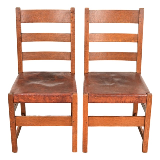 L. & J. G. Stickley Antique Mission Oak Arts & Crafts Ladder Back Side Chairs or Dining Chairs | Pair For Sale