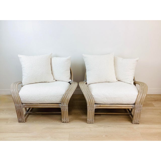 McGuire Vintage Pair of McGuire Bent Rattan & Faux Shearling Oversized Upholstered Lounge Chairs For Sale - Image 4 of 12