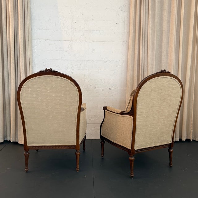 Pair of Mid-Century Louis XVI Style Carved Walnut Bergère Armchairs For Sale In New York - Image 6 of 9