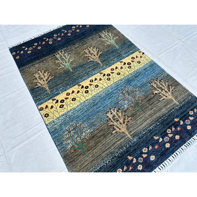 Textile Indigo Persian Gabbeh Tree of Life Hand-Knotted Wool Rug - 4' X 6' For Sale - Image 7 of 12