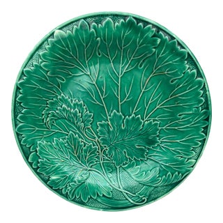 French Green Majolica Leaves Plate Montereau, Circa 1890 For Sale