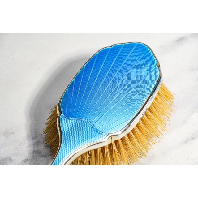 Amazing Antique Guilloche Enamel Sterling Silver Mirror & Brush Set Boxed London 1930 Art Deco Luxury For Sale - Image 11 of 17