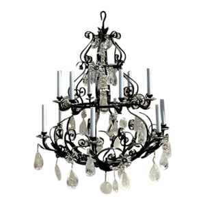 Vintage Regency Wrought Iron and Rock Crystal Chandelier