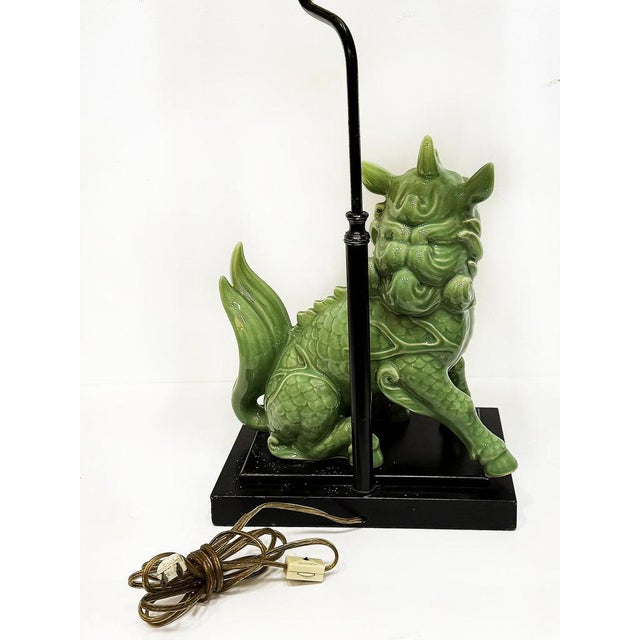 Wood 1940s Chinoiserie Celadon Porcelain Foo Dog Lamp, Custom Shade For Sale - Image 7 of 10