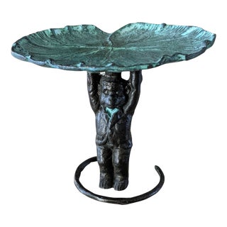 Vintage Chinoiserie Bronze Monkey and Lily Pad Pedestal Tray/Business Card Holder For Sale