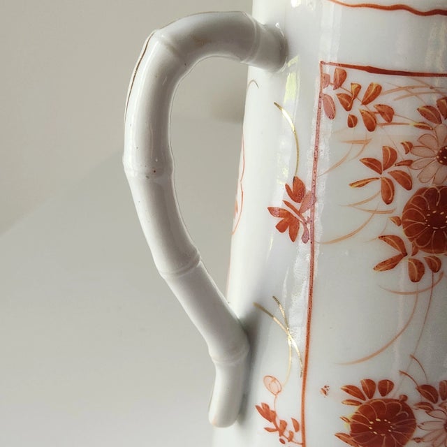 Antique Japanese Chocolate Pot Red Orange Floral Design Gilded Bamboo Handle For Sale - Image 10 of 11