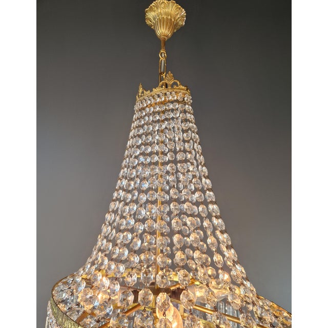 Antique Art Nouveau Low Oval Plafonnier Crystal Chandelier Brass Lustre Ceiling For Sale - Image 9 of 13