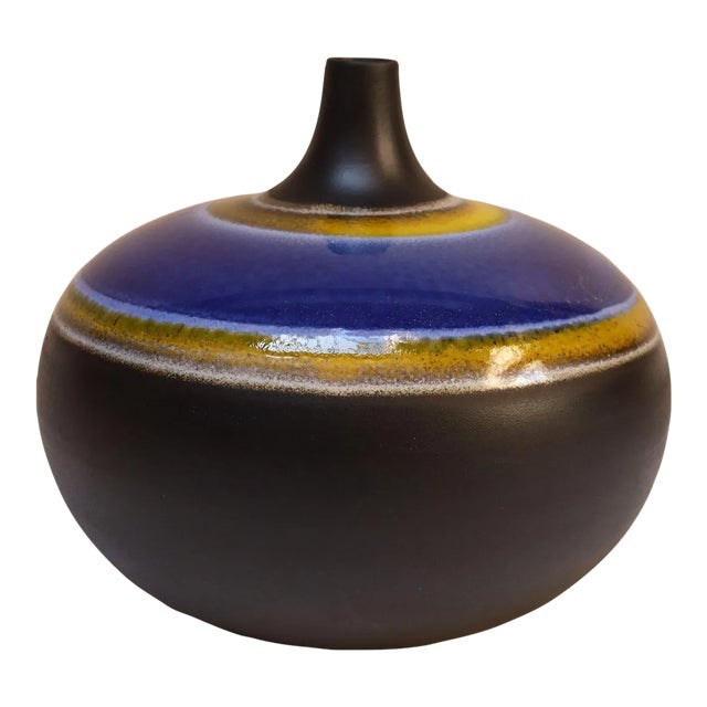 Vintage Italian Oversized Ceramic Vase With Blue and Yellow Glazed Banding For Sale