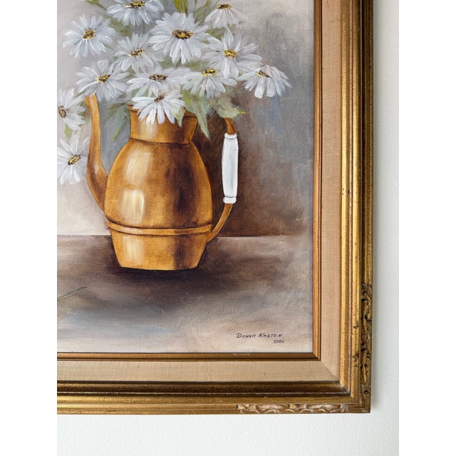 1981 Donna Kasten Still Life Daisies & Brass Pitcher Oil on Canvas Painting, Framed For Sale - Image 9 of 12