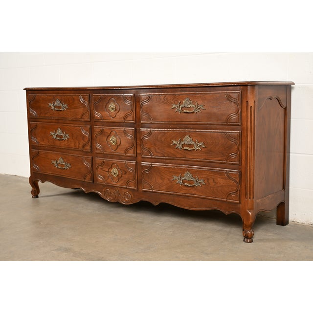 French Provincial Baker Furniture French Provincial Louis XV Carved Oak Triple Dresser or Credenza For Sale - Image 3 of 18