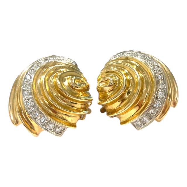 Vintage 14k Yellow Gold Diamond Sea Shell Earrings, A Pair For Sale