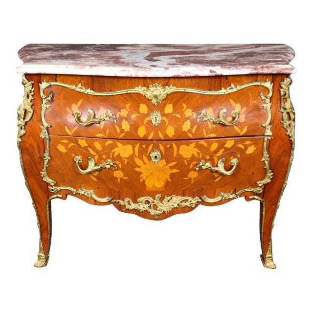 Fine Quality Bronze Mounted Marble Top Inlaid Louis XV Commode Circa 1930 For Sale