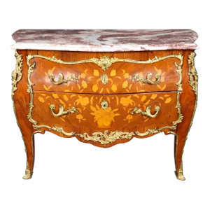 Fine Quality Bronze Mounted Marble Top Inlaid Louis XV Commode Circa 1930