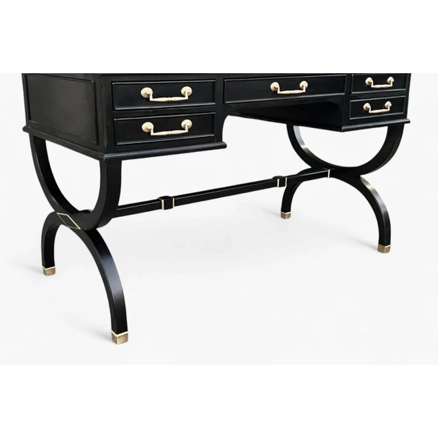 Mid 20th Century Hollywood Regency Ebonized Desk With Cognac Leather Top by Sligh-Lowry For Sale - Image 10 of 17