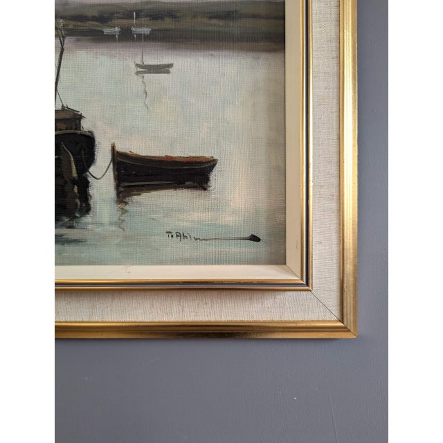 Sky Blue Mid-Century Modern 'Tranquil Moorings' Vintage Original Swedish Impressionist Coastal Landscape Oil Painting, Framed For Sale - Image 8 of 11