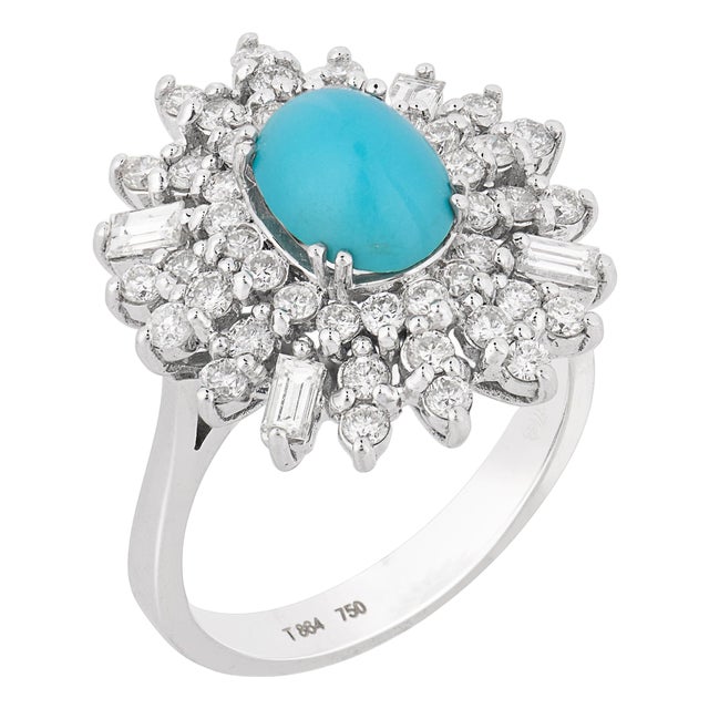 Vintage Persian Turquoise Diamond 18k Yellow Gold Cocktail Ring, Size 7.5 For Sale