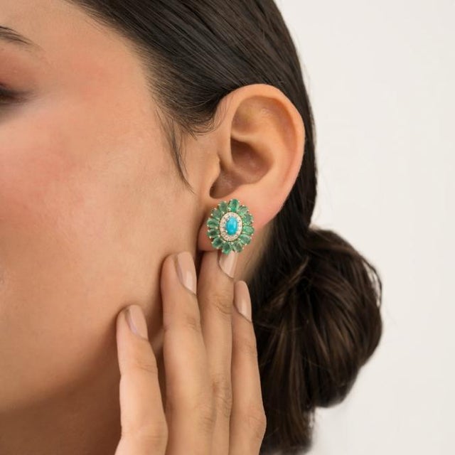 Contemporary Retro 4.93 Ct Turquoise Emerald Diamond Floral Cluster Stud Earrings in 14k Gold- A Pair For Sale - Image 3 of 14