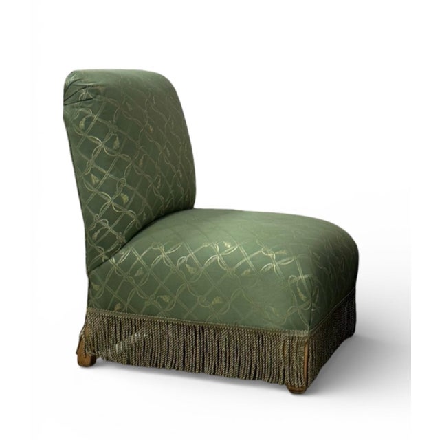 French A Pair of Mid-19th Century Upholstered Slipper Chairs With Damask Fabric. For Sale - Image 3 of 4