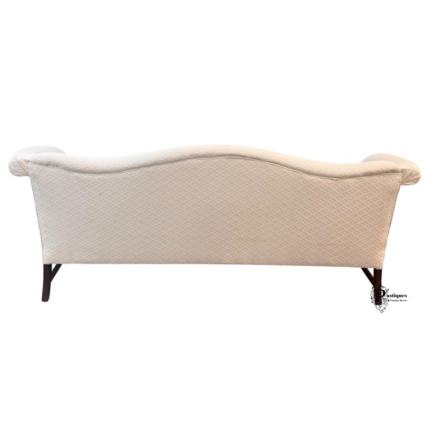 Wood Vintage Chippendale Style Mahogany Frame Camel Back Ivory Geometric Print Upholstered Sofa For Sale - Image 7 of 9